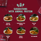 Menu or promotional graphic with suggestions for meals containing animal protein on a red background.