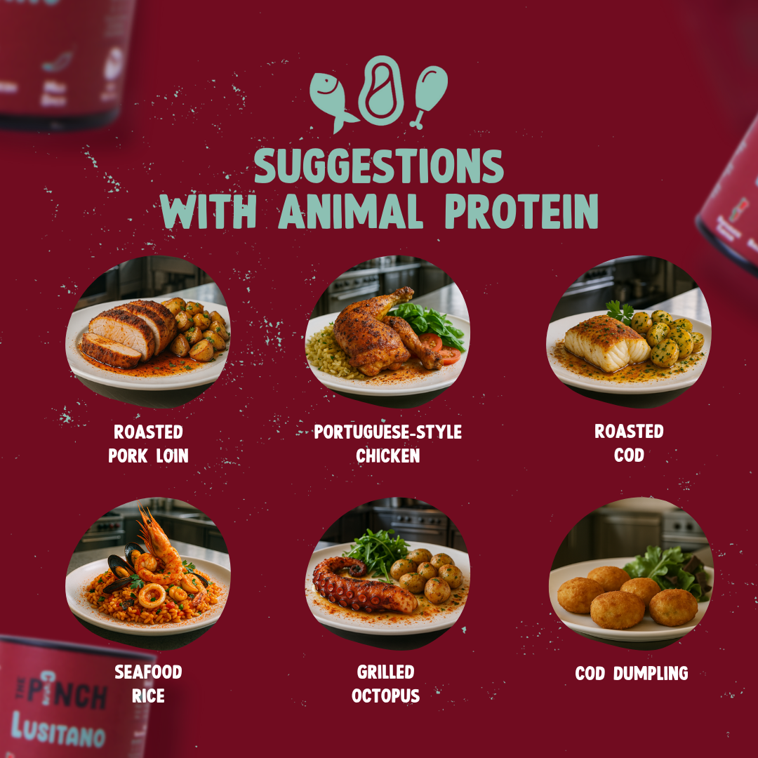 Menu or promotional graphic with suggestions for meals containing animal protein on a red background.
