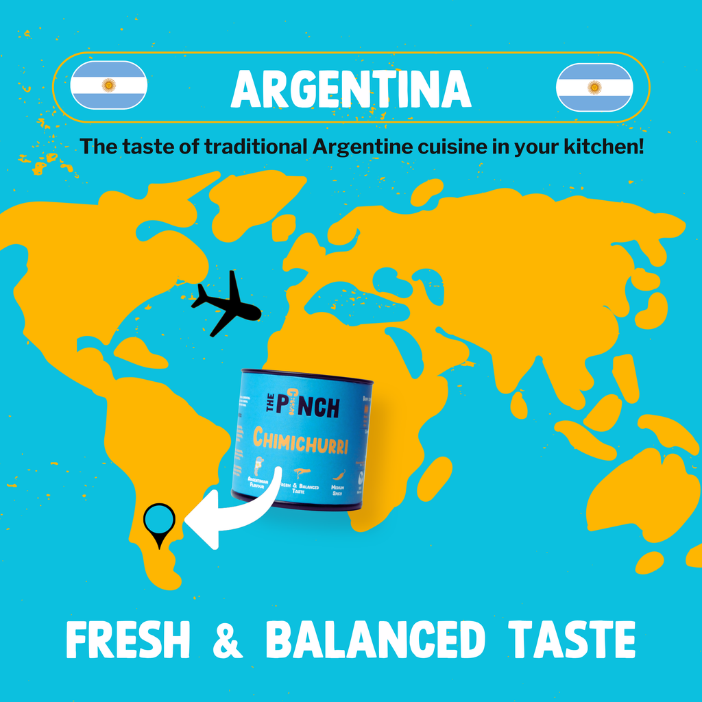 World map highlighting Argentina with a can of Puchinchi Chimichurri and text about Argentine cuisine.