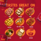 Illustrations of various food categories with text on a red background