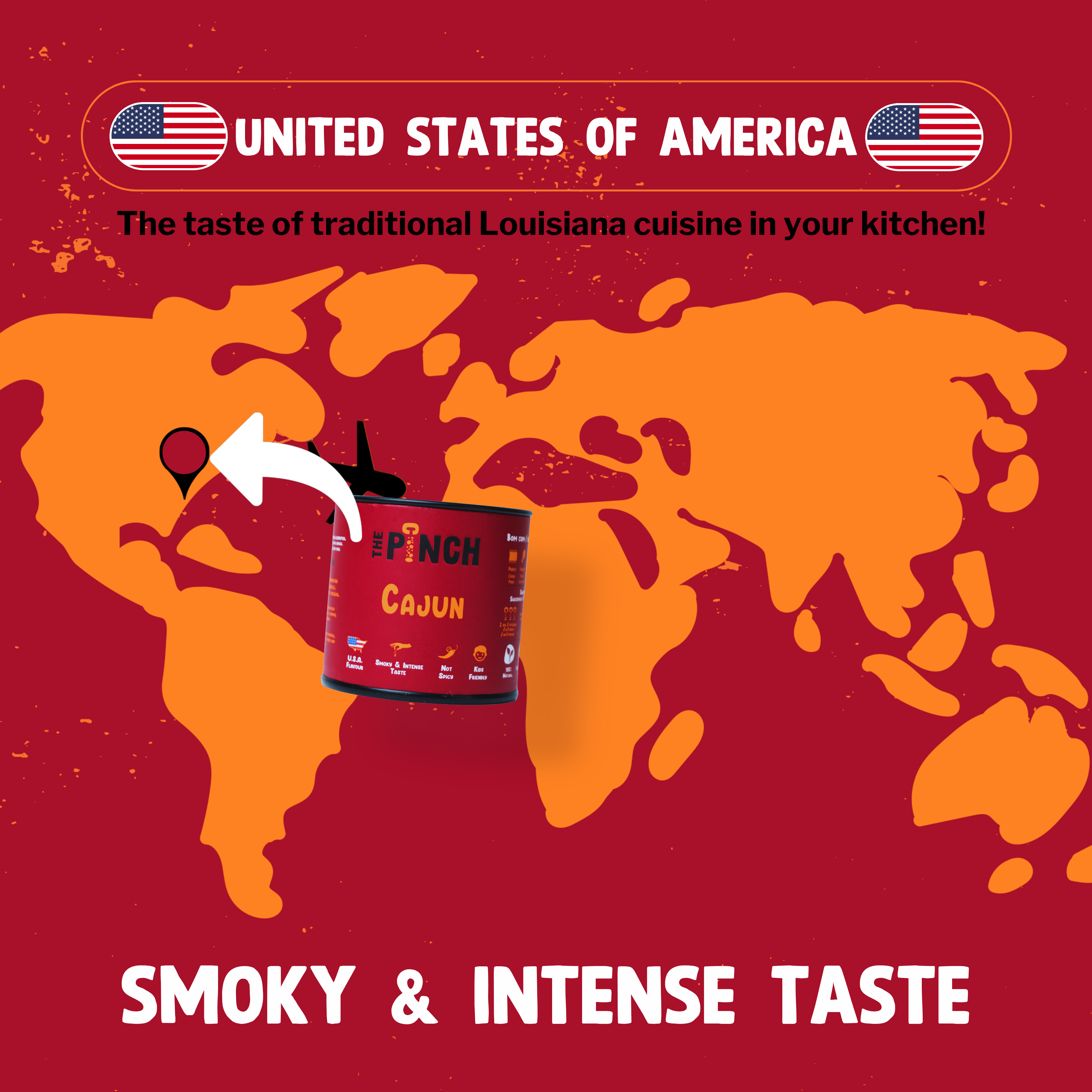 World map with a can of French Cajun seasoning on a red background, promoting Louisiana cuisine.