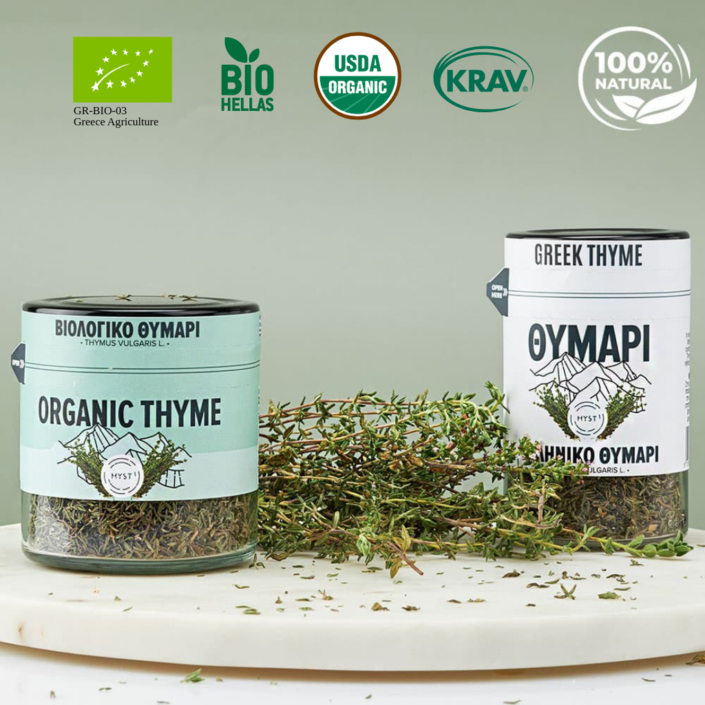 Two containers of Greek thyme with various organic certification logos on a light green background.