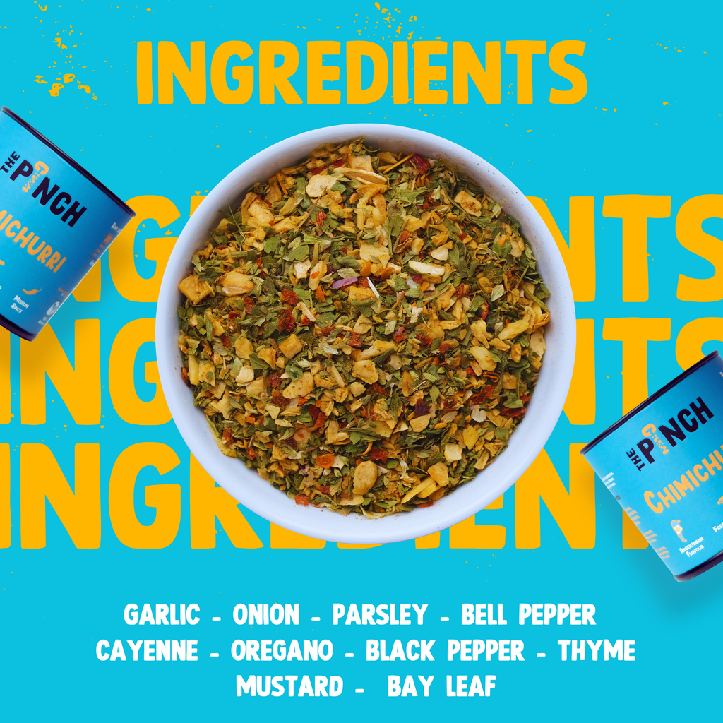 Bowl of dried herbs with 'The Pinch' seasoning packets on a blue background