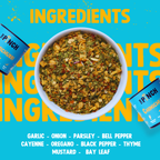 Bowl of dried herbs with 'The Pinch' seasoning packets on a blue background