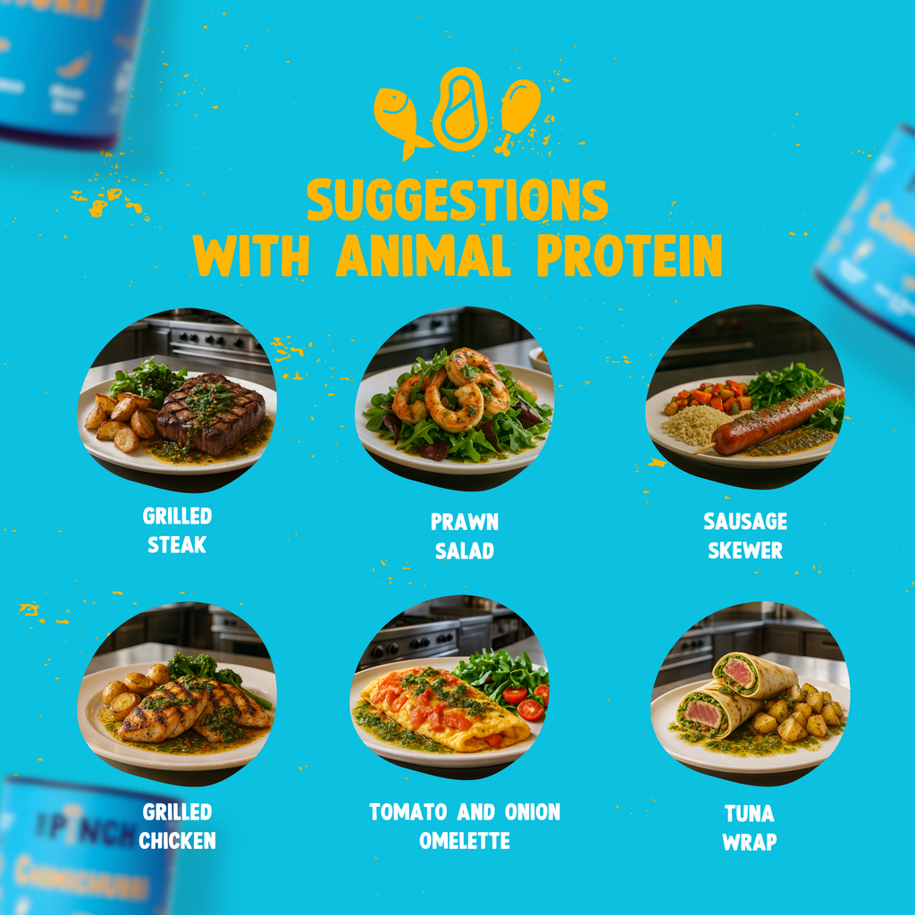 Menu with protein dish suggestions on a blue background