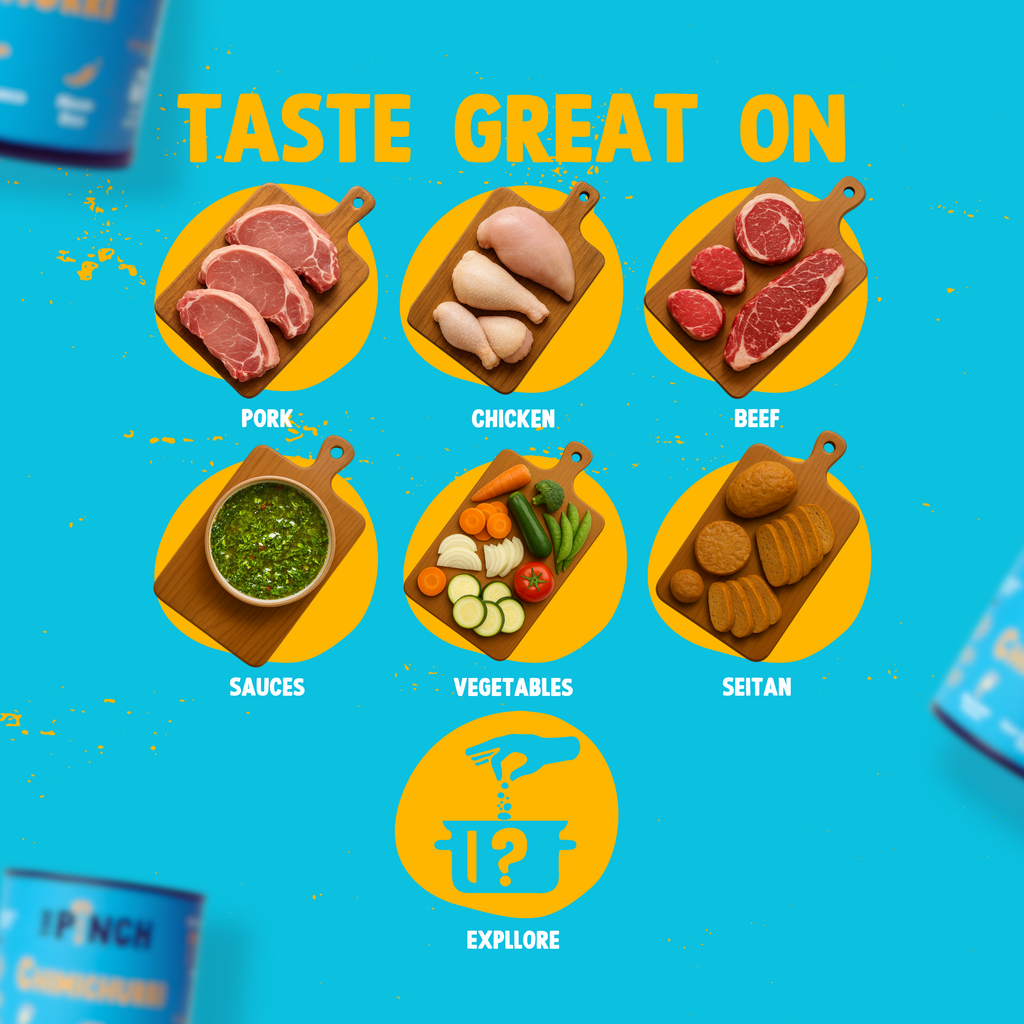 Product display with various meats, vegetables, and sauces on a blue background with text 'Taste Great On'.