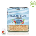 Jar of sea salt blend with a blue label on a white background