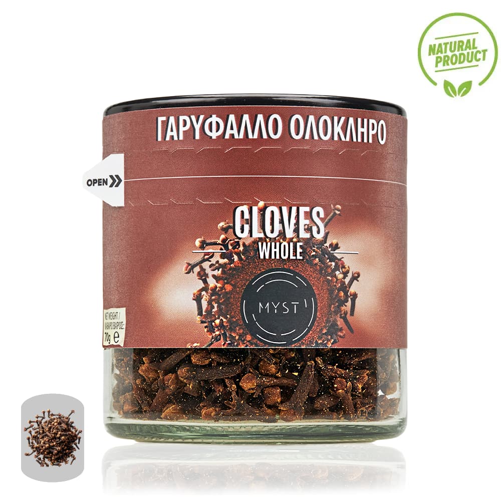 Jar of whole cloves with a brown label on a white background