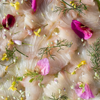Raw fish with flowers and herbs on a white background