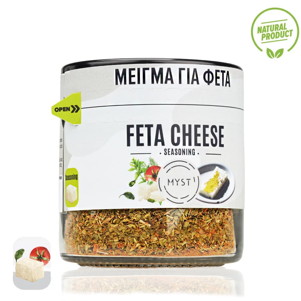 Feta cheese seasoning container with label and natural product logo