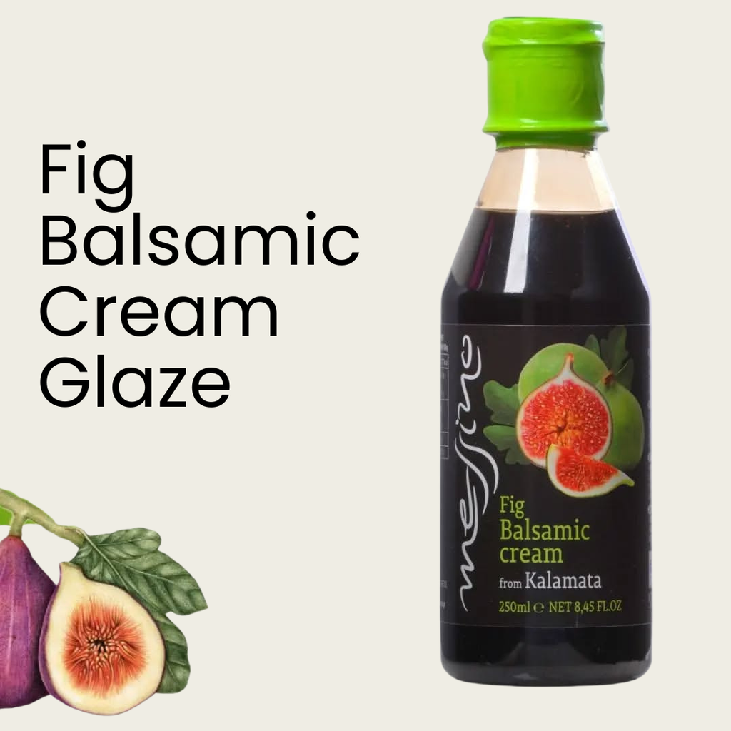 Bottle of Fig Balsamic Cream Glaze with fig illustrations on a light background
