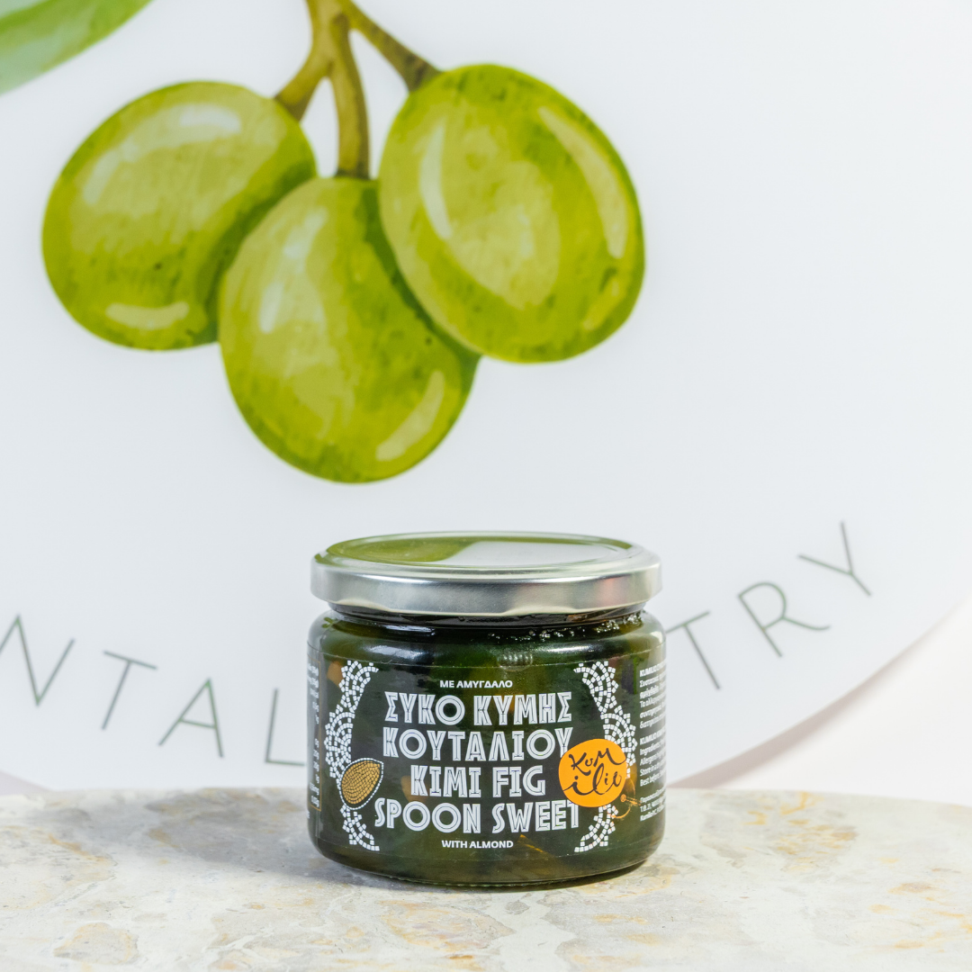 Jar of fig spread with a background illustration of green figs