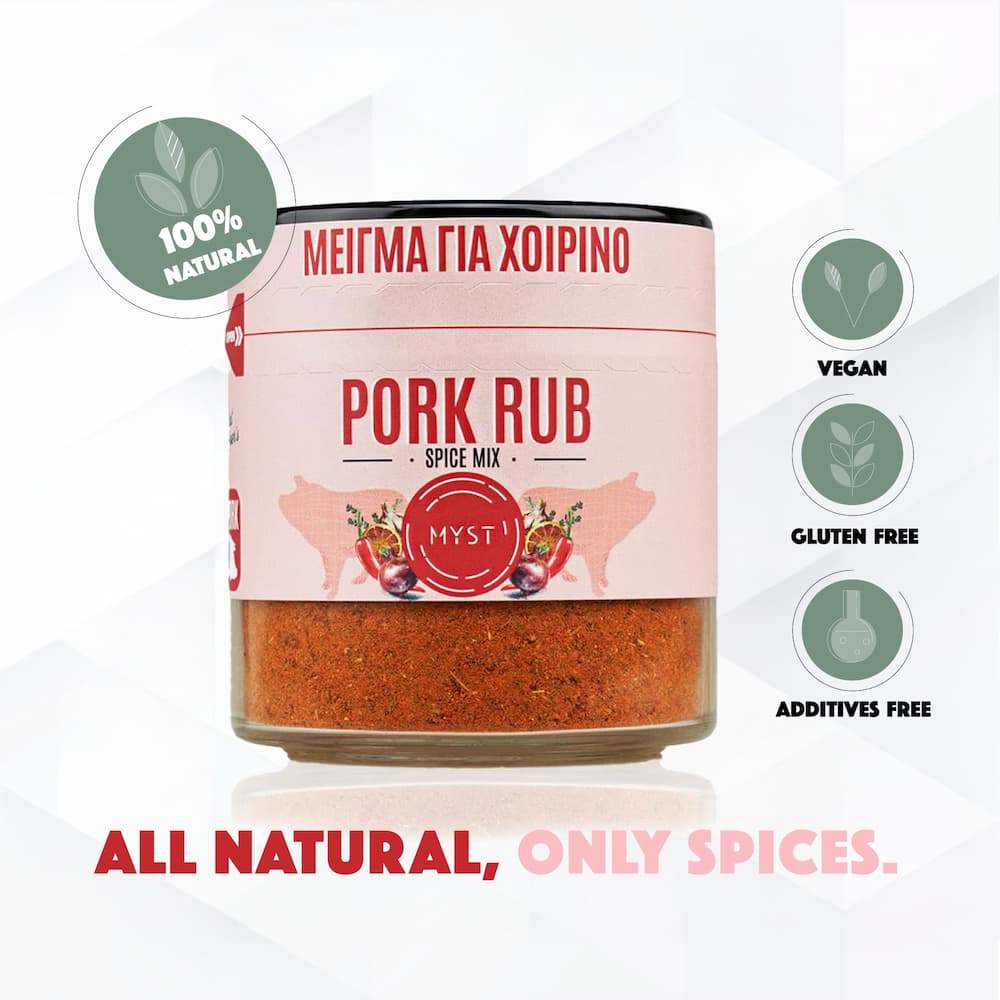 Jar of pork rub spice mix with label on a white background