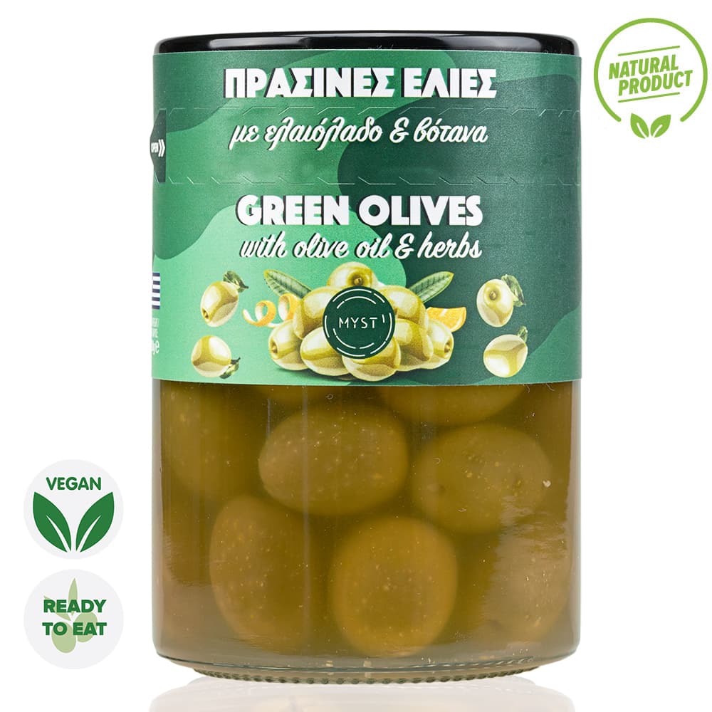 Jar of green olives with olive oil and herbs on a white background