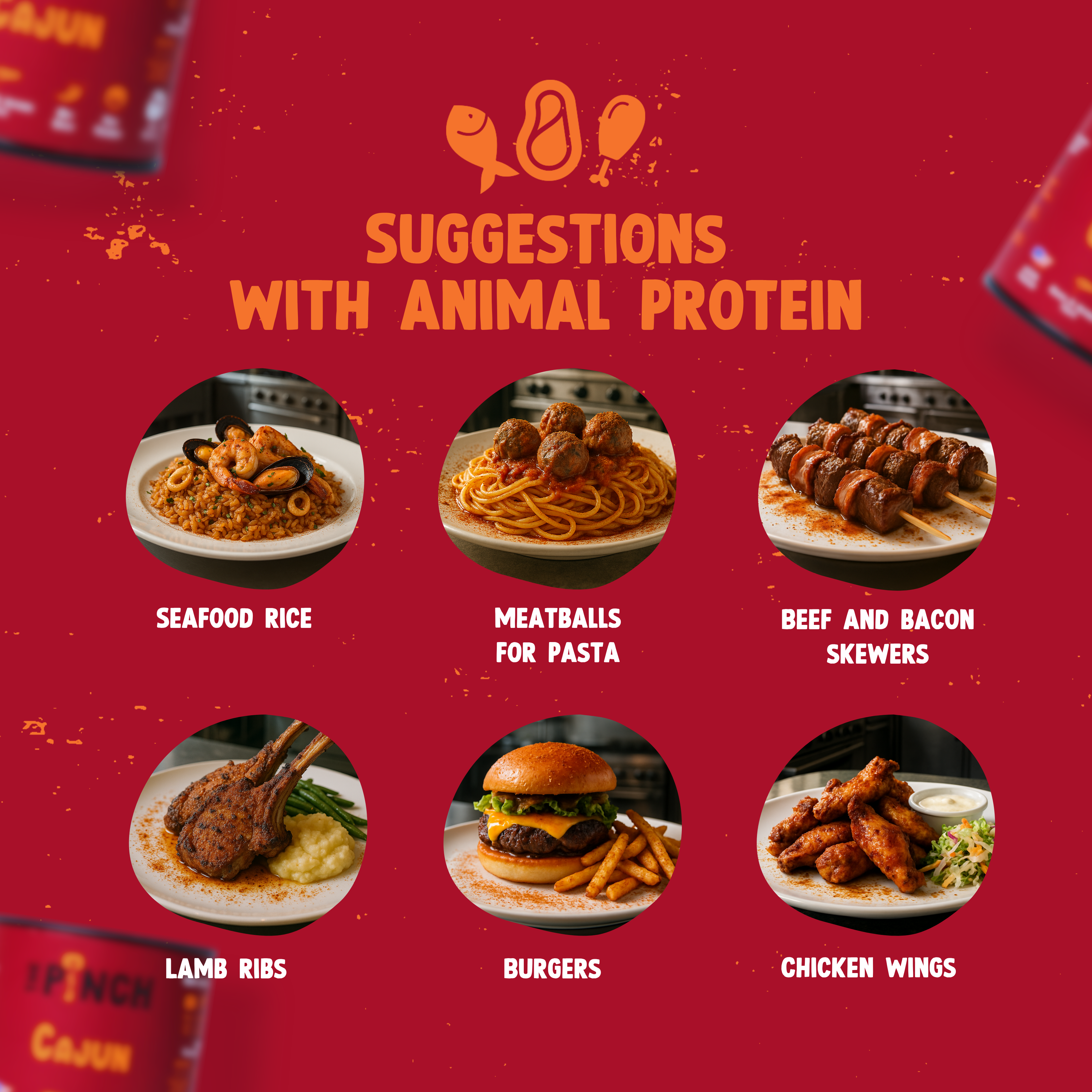 Menu with food suggestions containing animal protein on a red background