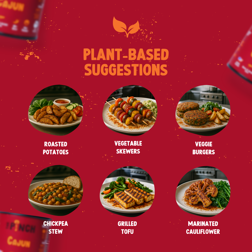 Plant-based food suggestions on a red background with images of roasted potatoes, vegetable skewers, veggie burgers, chickpea stew, grilled tofu, and marinated cauliflower.