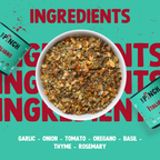 Spice mix in a bowl with 'The Pinch' seasoning packets on a teal background with red text.