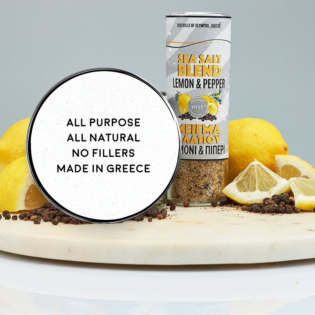Sea salt blend with lemons and pepper on a wooden board, labeled 'Made in Greece'.