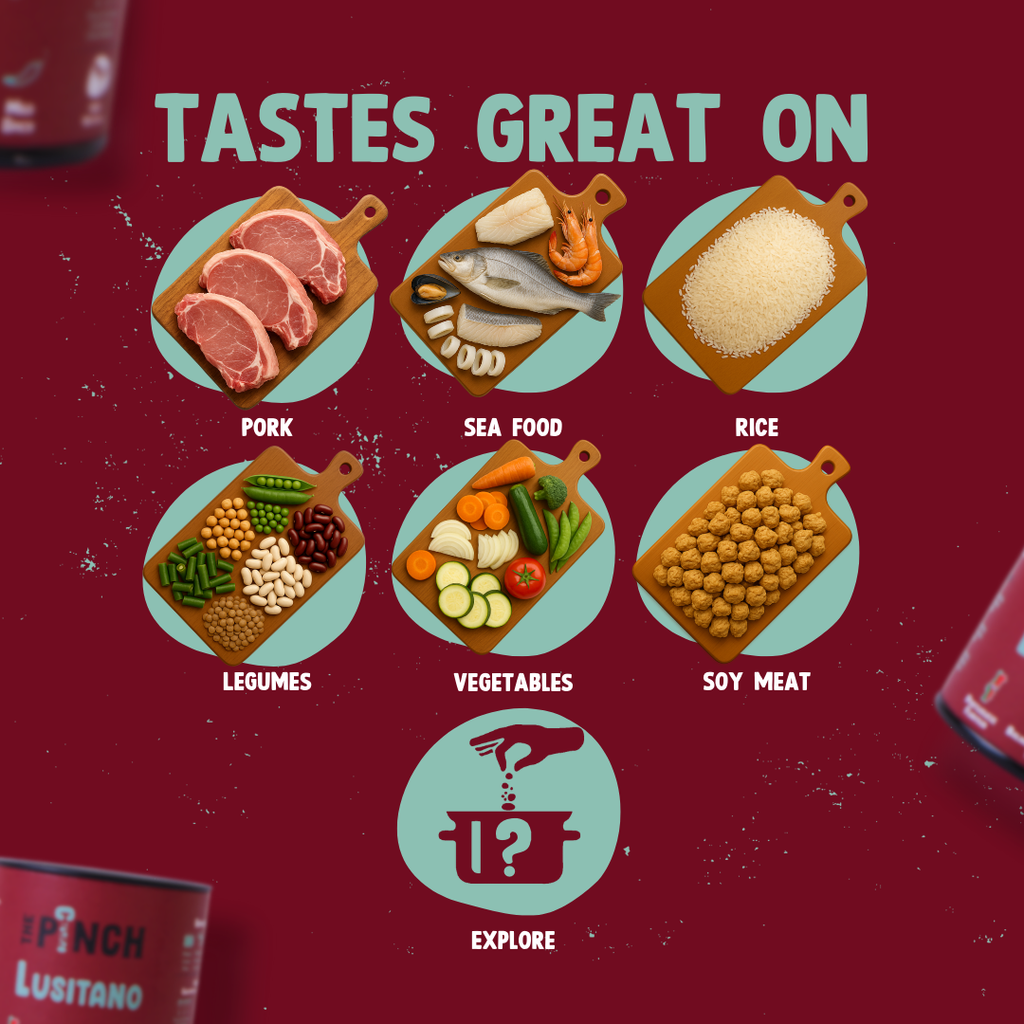 Product packaging with food items and text on a red background
