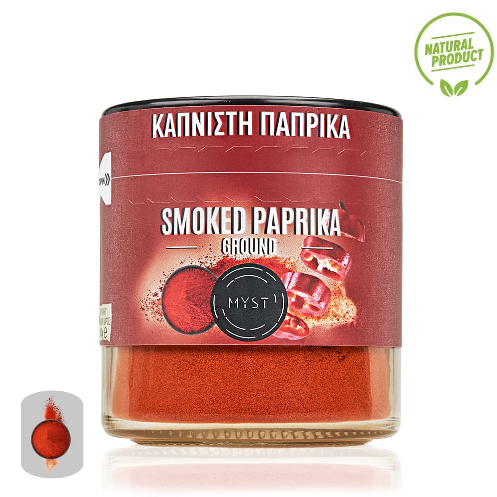 Jar of smoked paprika with a red label and 'Myst' branding on a white background.