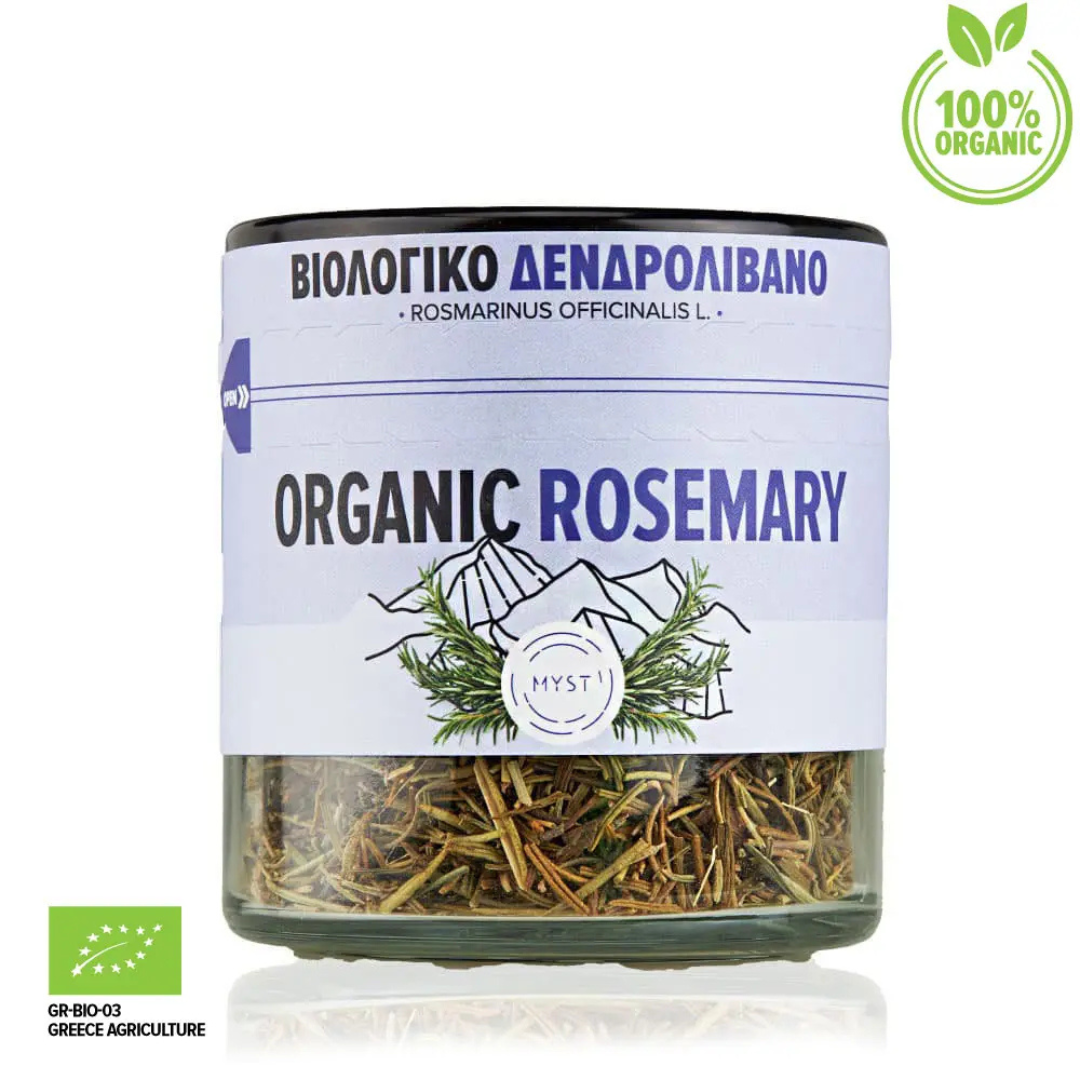 Jar of organic rosemary with a label indicating '100% Organic' and 'Greece Agriculture'.