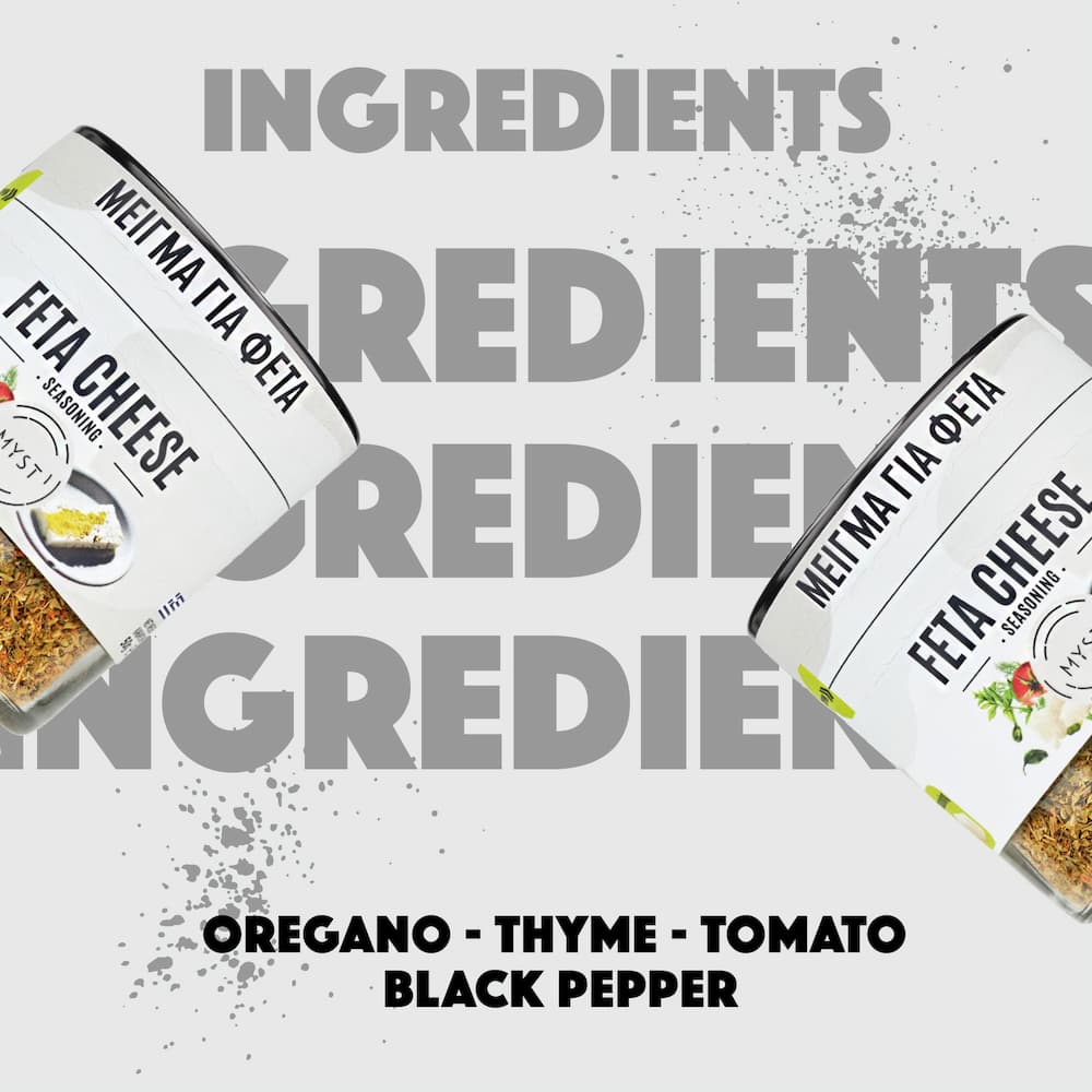 Feta cheese seasoning packaging with visible ingredients on a gray background