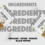 Feta cheese seasoning packaging with visible ingredients on a gray background