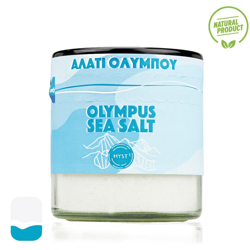 Jar of Olympus Sea Salt with blue label and mountain design on a white background