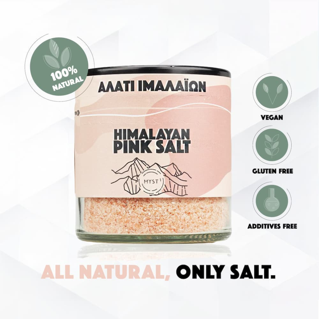 Jar of Himalayan pink salt with 'Aaati Imaaion' branding on a white background