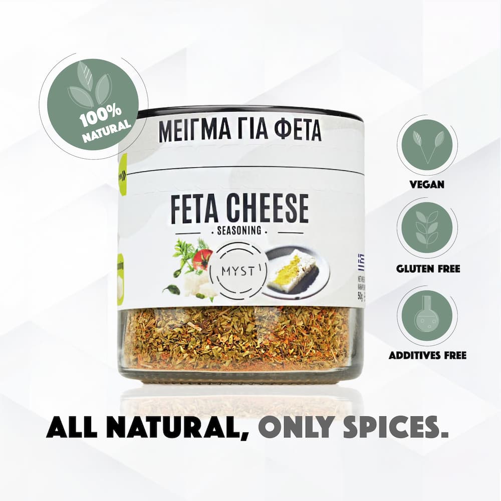 Feta cheese seasoning jar with label on a white background