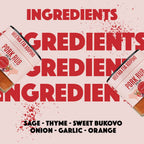 Pork rub packaging with ingredients listed on a pink background