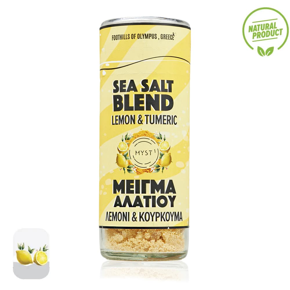 Sea salt blend container with lemon and turmeric flavor on a white background