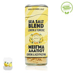 Sea salt blend container with lemon and turmeric flavor on a white background