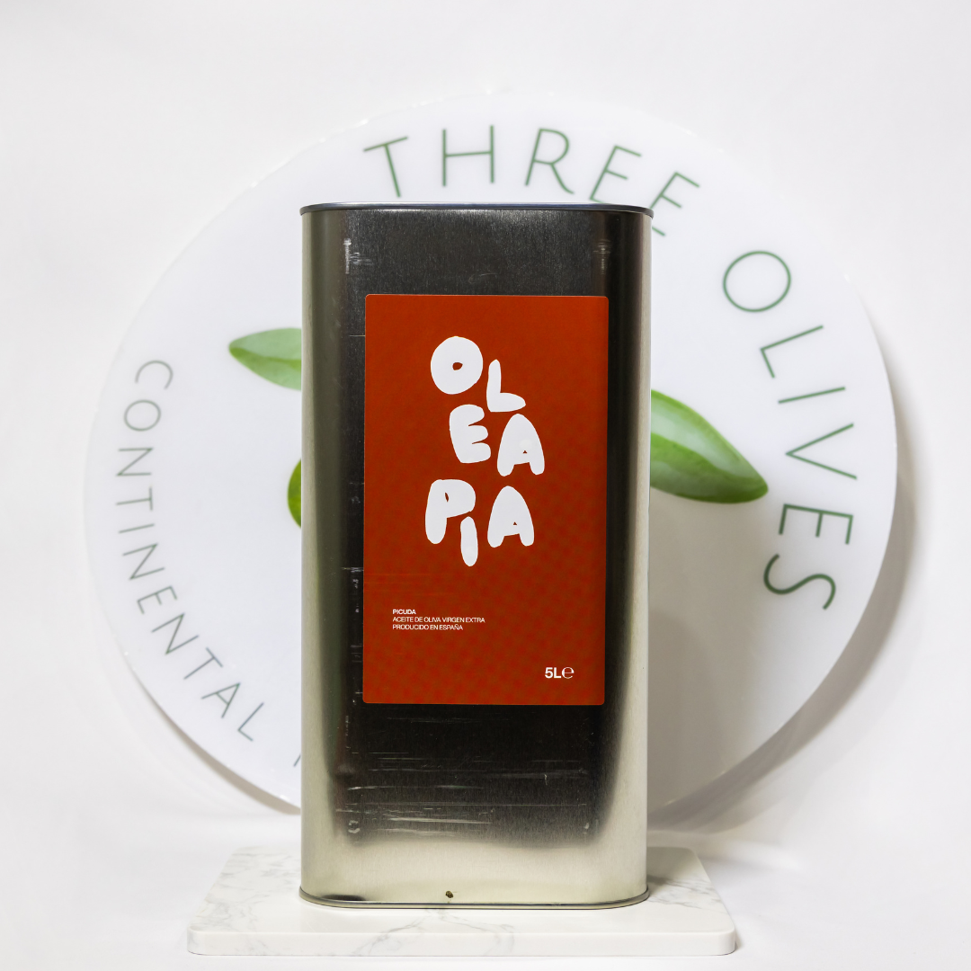 Olea Pia container with 'Three Olives' branding on a white background