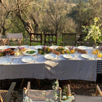 Dining table set for a meal outdoors with chairs and a scenic background.