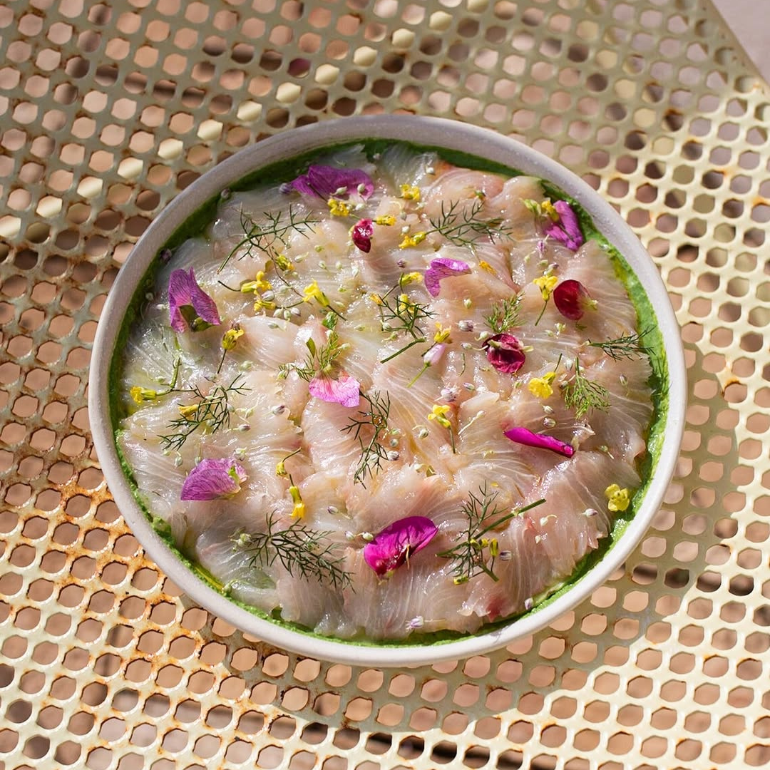 Ceviche with pink flowers in a white bowl on a textured surface