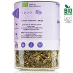 Jar of dried herbs with a purple label featuring Bio Hellas branding.