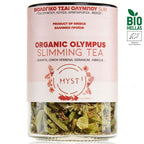 Organic Olympus Slimming Tea container with visible herbs and branding on a white background