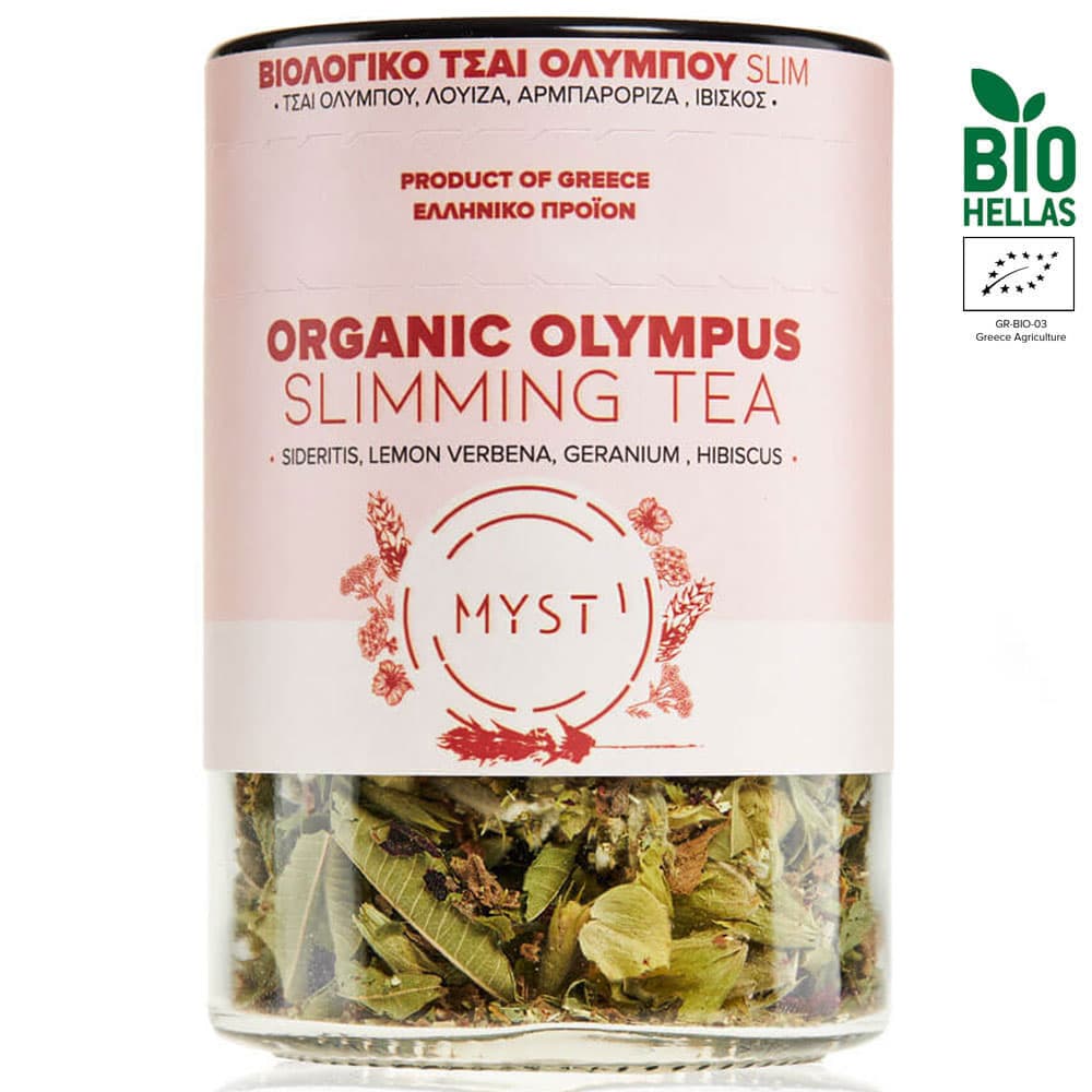 Organic Olympus Slimming Tea container with visible herbs and branding on a white background