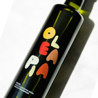Bottle of olive oil with colorful label on a white background
