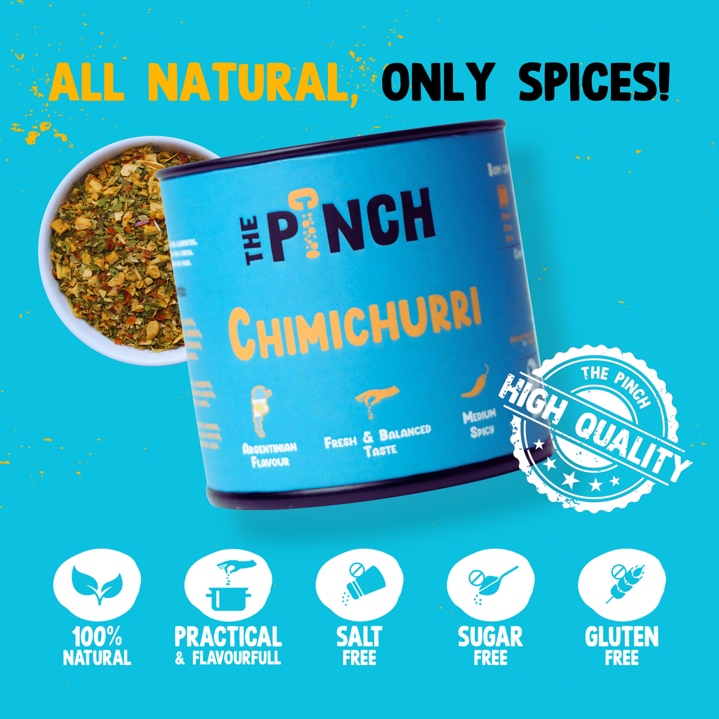 The Pinch Chimichurri spice container with text and icons on a blue background