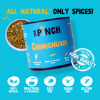 The Pinch Chimichurri spice container with text and icons on a blue background