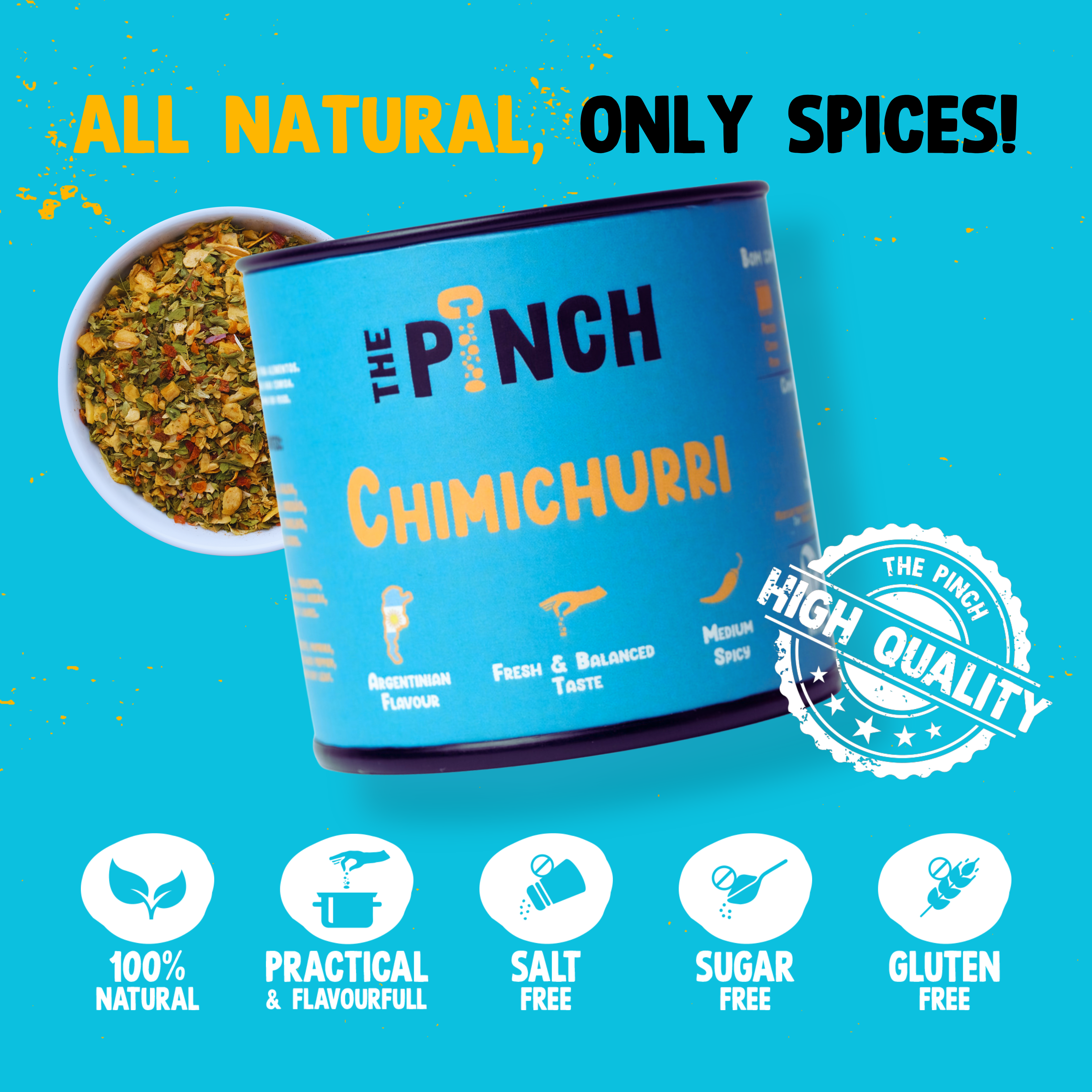 The Pinch Chimichurri spice container with text and icons on a blue background