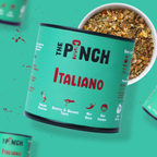 Green container labeled 'The Pinch Italiano' with a bowl of spice mix on a teal background