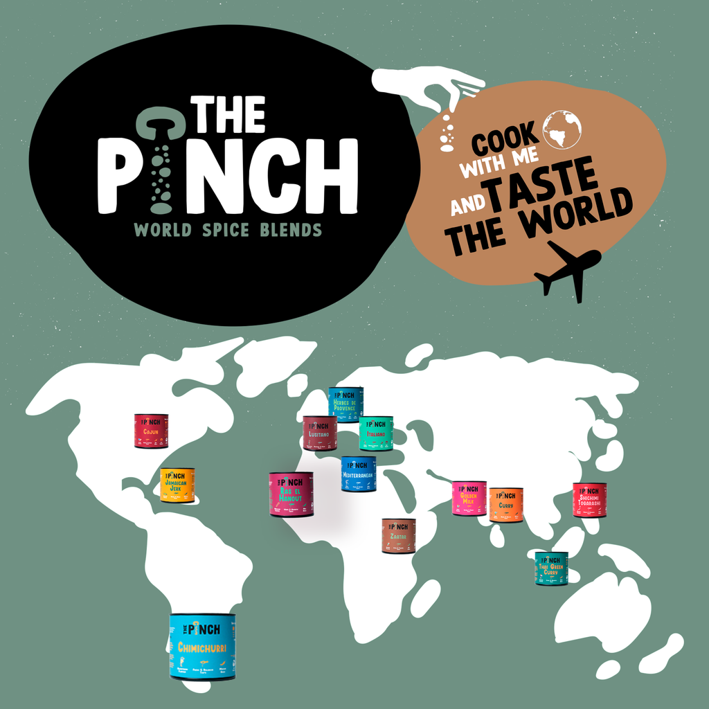 Promotional graphic for 'The Pinch World Spice Blends' with world map and spice containers.