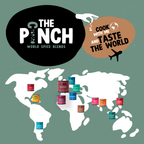 Promotional graphic for 'The Pinch World Spice Blends' with world map and spice containers.