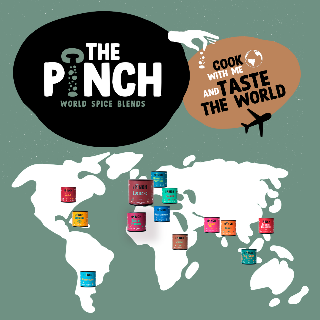 Promotional graphic for 'The Pinch World Spice Blends' with world map and spice containers.