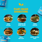 Plant-based food suggestions with images and text on a blue background