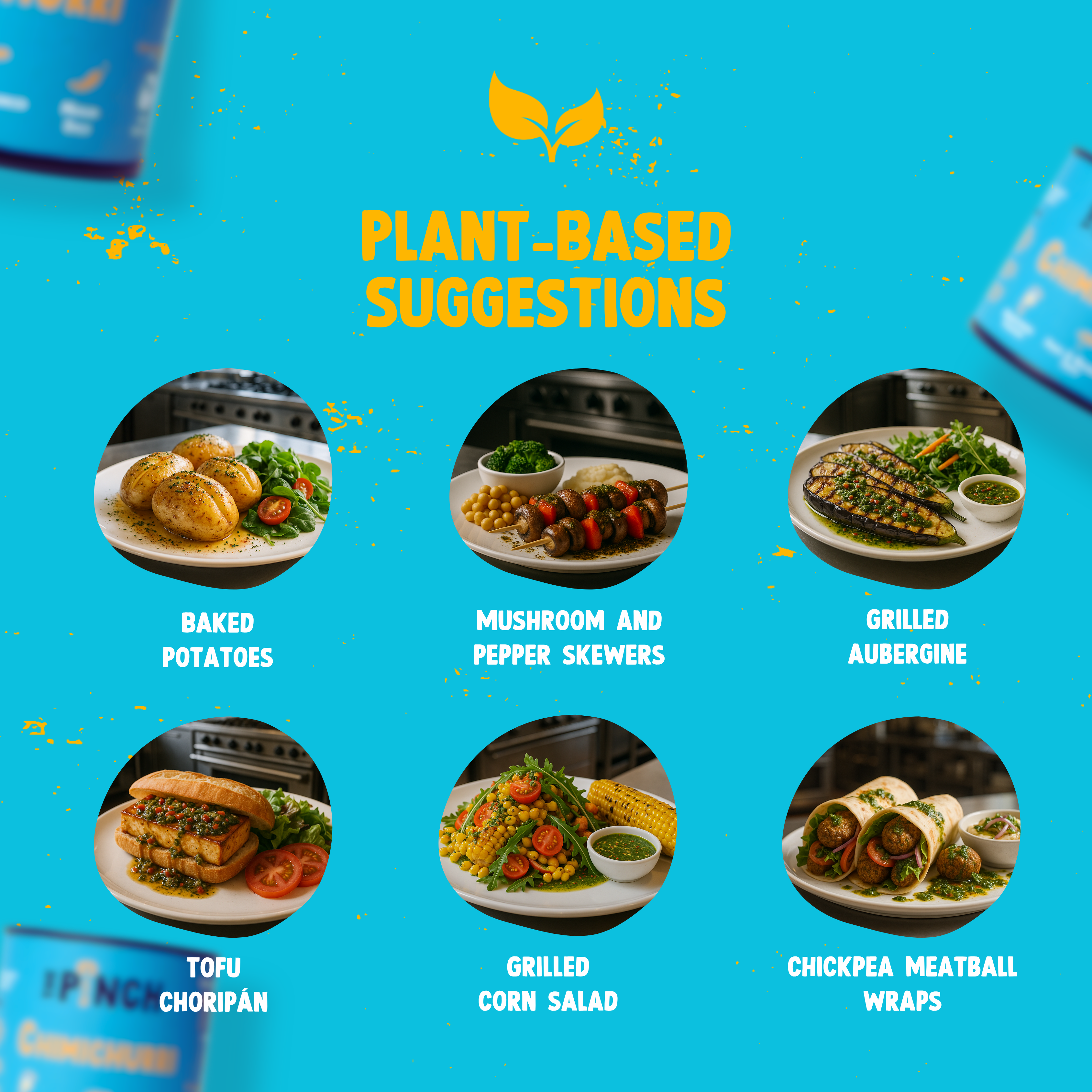 Plant-based food suggestions with images and text on a blue background