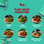 Plant-based food suggestions with images and descriptions on a teal background